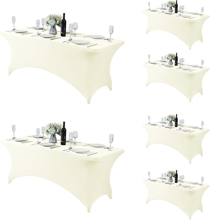 Fokitut 6 Pack Spandex Table Cover for 6FT Table Universal Fitted Stretch Tablecloth for Party, Banquet, Wedding and Events-Ivory by Fokitut