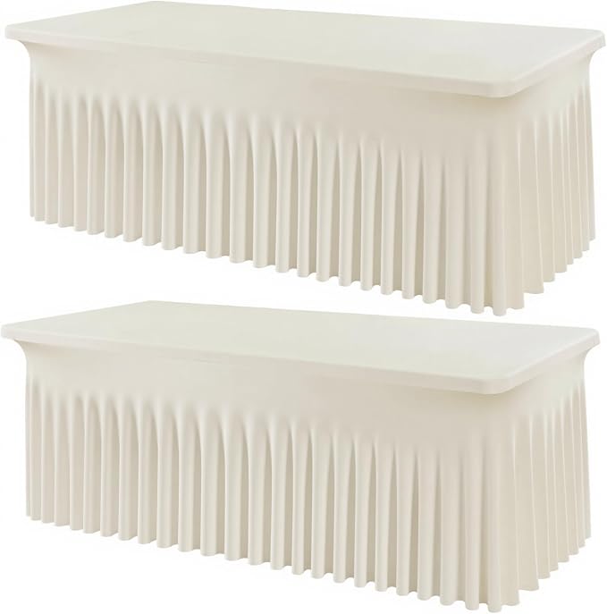 Spandex Tablecloth 6FT Rectangle Table Cover 2 Pack Ivory Wrinkle-Free by Outpain