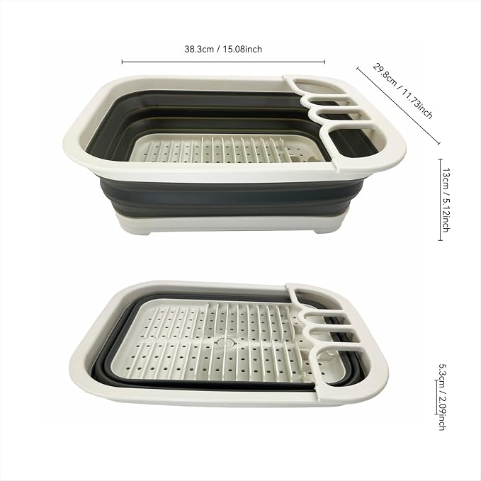 SAMMART Collapsible Dish Drainer with Drainer Board - Foldable Drying Rack Set - Portable Dinnerware Organizer - Space Saving Kitchen Storage Tray (2, Grey/Washed Black) - Image 3