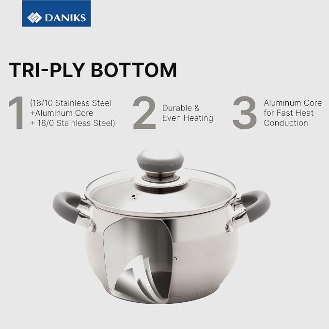 Daniks Modern 11-Piece Stainless Steel Cookware Set with Glass Lids, Includes Saucepan and Frying Pan with Lid, Tri-Ply Bases for Even Heating, Induction Compatible, Dishwasher Safe, Heatproof Handles - Image 5
