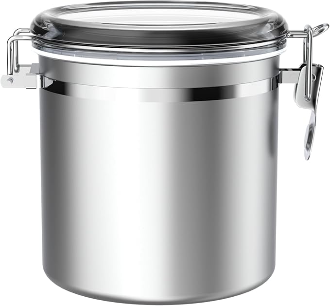 ENLOY 165oz Stainless Steel Airtight Canister for Kitchen with Clear Lid | Large Flour Coffee Bean Tea Cereal Sugar Cookie Metal Food Storage Canisters and Sturdy Locking Clamp, 7.7 x 7.7 x 8.4 Inches by ENLOY
