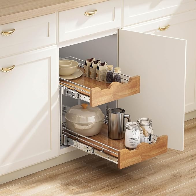 OCG Pull Out Cabinet Organizer 14" W x 21" D, 2 Tier Slide Out Shelf, Heavy-Duty Pull Out Drawer for Cabinets, Base Cabinet Organization for Kitchen, Pantry, Bathroom - Image 5