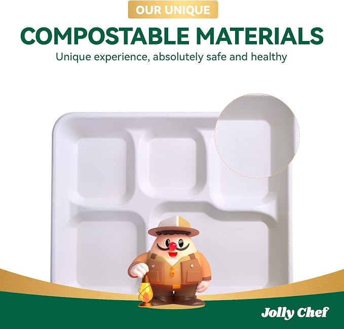Compostable 5 Compartment 10*8.25*1 Inch 125 Pack Heavy Duty Paper Plates | Small Divided Disposable Plates White Eco-Friendly Biodegradable Food Tray for School Lunch Dinner Christmas - Image 7