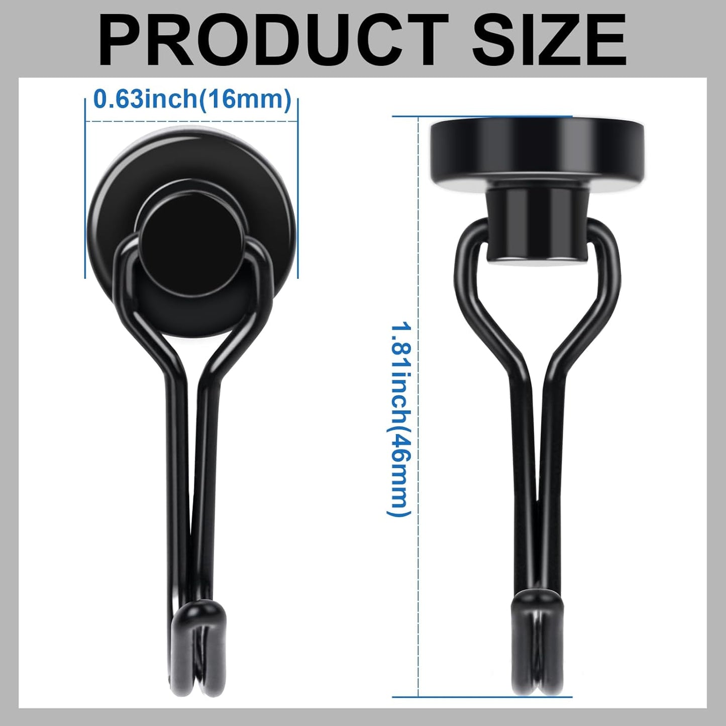 E BAVITE Swivel Swing Magnetic Hooks,30LB（20pack） Black Refrigerator Magnet Hook,Strong Neodymium Magnets Perfect for Refrigerator and Other Surfaces, 60mm(2.36In) in Length