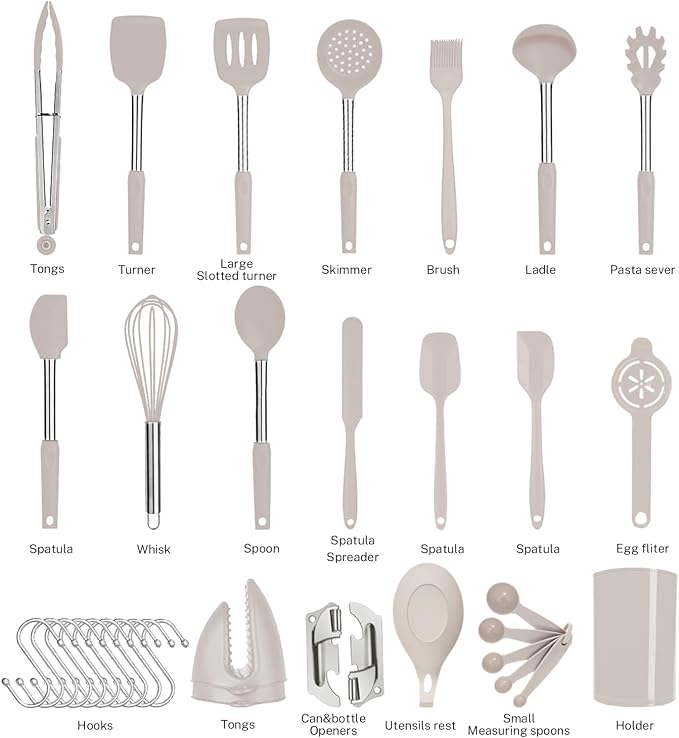 Silicone Kitchen Cooking Utensils Set with Stainless Steel Handle, Spatula Set Utensil Set, Cooking Utensil Set,Kitchen Tools Gadgets for Nonstick Cookware (35, Khaki) - Image 4
