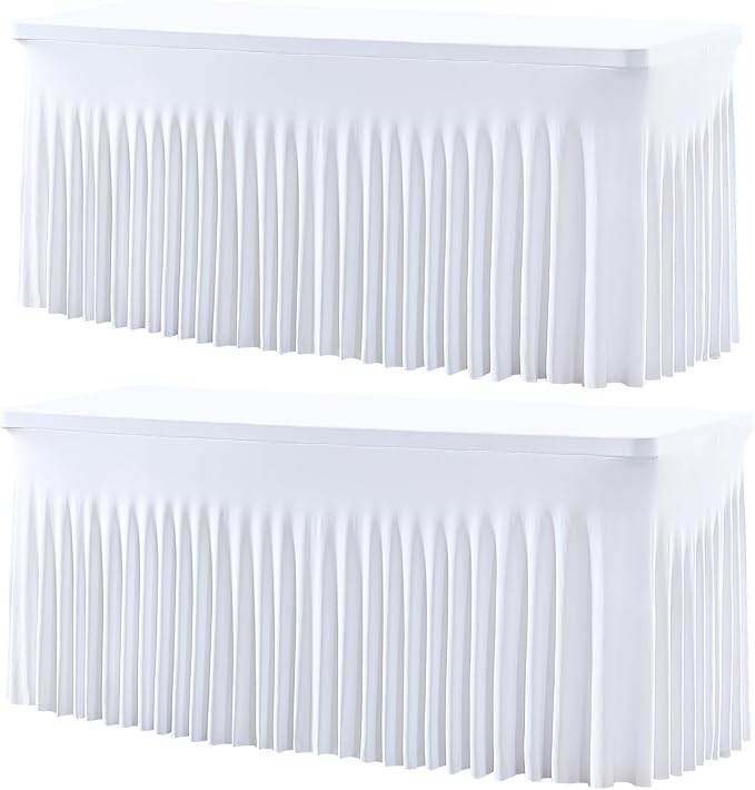 Besutolife 2 Pack White Table Cloths for 6 Foot Rectangle Tables, Wrinkle Free Fitted Spandex Table Covers 6ft, Stretch Tablecloth with Skirt for Wedding Birthday Banquet Parties by Besutolife