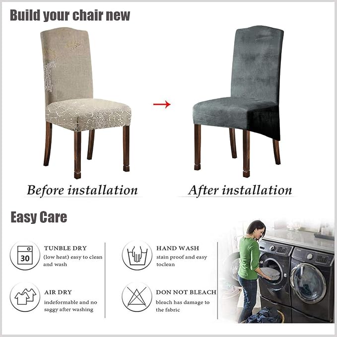 Velvet Plush XL Dining Chair Covers, Stretch Chaircover, Spandex High Chairs Protector Covers Seat Slipcover with Elastic Band for Dining Room,Wedding, Ceremony, Banquet (Light Grey, Set of 2) - Image 6