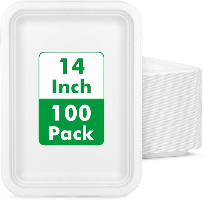 14 Inch Disposable Food Trays, 100 Pack White Compostable Platter | Heavy Duty Large Paper Plates for Serving Food, Sturdy Rectangle Plates for Crawfish Lobster Seafood Boil BBQ Party by Uniecocus