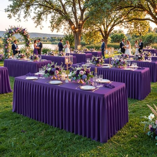 Purple Polyester Table Cloths for Rectangle 6 Foot Tables, 6 Pack Wrinkle Free Tablecloths Stretchy Banquet Ruffle Fitted Table Cover Desk Skirt for Parties Wedding Birthday Baby Shower - Image 2