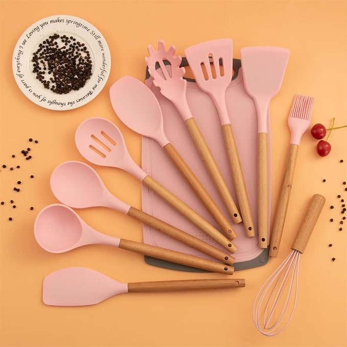 19 Pcs Kitchen Cooking Utensils and Knife Set with Block, with 11 Piece Silicone Cooking Utensils Set 5 Pcs Sharp Stainless Steel Chef Knives Scissors Whisk Tongs and Cutting Board (Cherry Pink) - Image 7