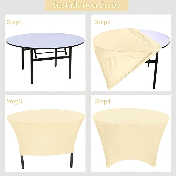 8 Pack 5FT Beige Round Spandex Tablecloth 60” Round Elastic Table Cover Round Table Cloth Washable Wrinkle Resistant Fitted Stretch Table Cover for Wedding Party Birthday Banquet Bar Events - Image 5
