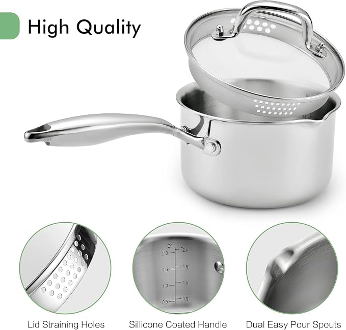 1.0 Quart Stainless Steel Pot Saucepan with Glass Strainer Lid, Sauce Pot with Two Side Spouts, Induction Cooking Pot, Multipurpose Sauce Pan with Lid for Cooking(Tri-Ply Full Body) - Image 4
