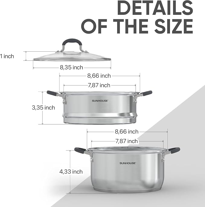 Sunhouse: 2-Tier Stainless Steel Steamer Pots - 3.1 Quart - Tempered Glass Lid, 3-Ply Bottom, Vegetable-Dumpling-Food Cookware, Dishwasher & Oven Safe - Image 7