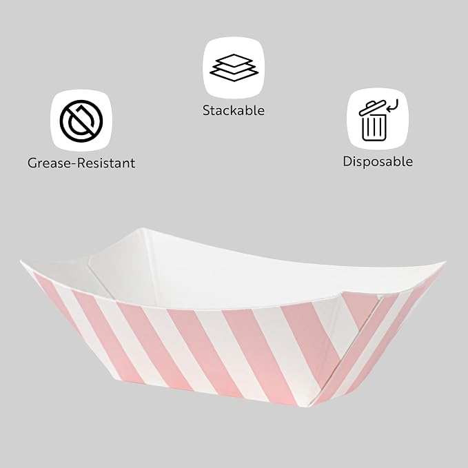 Restaurantware-Bio Tek 2 Ounce Food Trays, 400 Disposable Paper Food Trays - Heavy-Duty, Greaseproof, Pink And White Paper Boats, For Snacks, Appetizers, Or Treats, Use At Parties Or Carnivals - Image 4