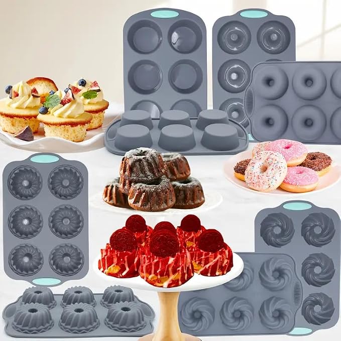 Tongjude 8 Pieces Silicone Donut Pans, Nonstick Silicone Muffin Pans, Heat Resistant Kitchen Oven Baking Cups, Dishwasher Safe and Microwave Safe, Grey - Image 8
