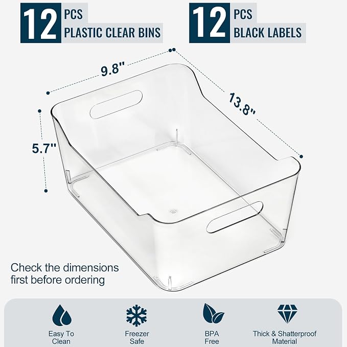 12 PACK Multi-Use Clear Plastic Storage Bins for Organizing w/ Labels - Home, Kitchen, Pantry, Bathroom, Office, Cabinet Shelf Organizer Bins - SOHO Collection, RV, Fridge Organization Containers -XXL - Image 3