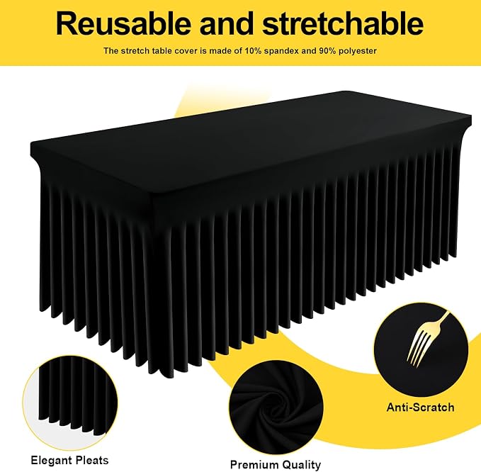Smiry Spandex Tablecloth 6 Pack, Elastic Fitted Stretch Tablecloth for 6FT Rectangle Tables, Waterproof Washable Table Cover Skirt for Wedding, Banquet & Parties (Black, 60Lx30Wx30H Inch) - Image 2