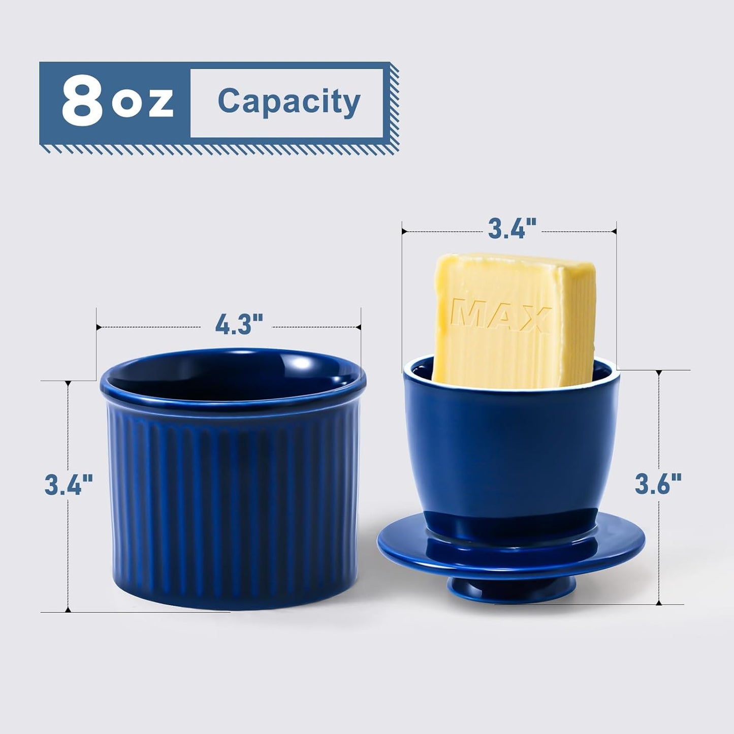 Large Butter Crock for Counter with Water Line, Butter Keeper, Ceramic French Butter Dish Holder for Fresh Spreadable Soft Butter (Blue, 8 Ounce)