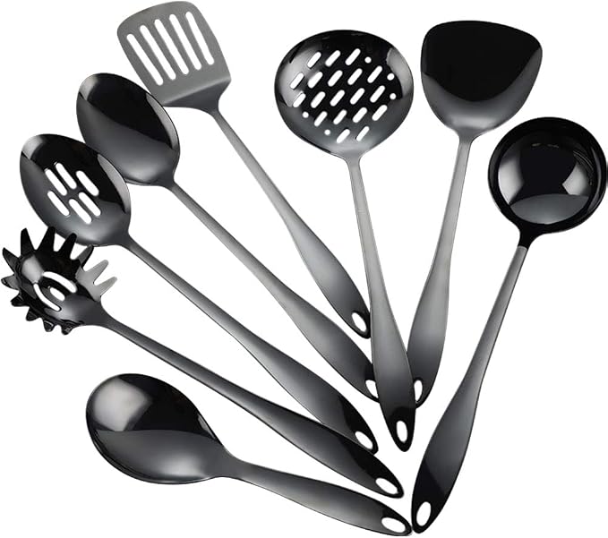 8 Piece Stainless Steel Kitchen Utensil Set Black Nonstick Cooking Utenisls Titanium Plated Kitchen Tools Gadgets Slotted Spatula Spoon Turner Ladle Dishwasher Safe by Kelendle