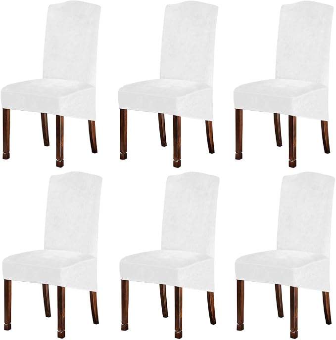 Velvet Plush XL Dining Chair Covers, Stretch Chair Slipcover, Spandex High Chairs Protector Covers Seat Slipcover with Elastic Band for Dining Room,Wedding, Ceremony (White, Set of 6) by KELUINA