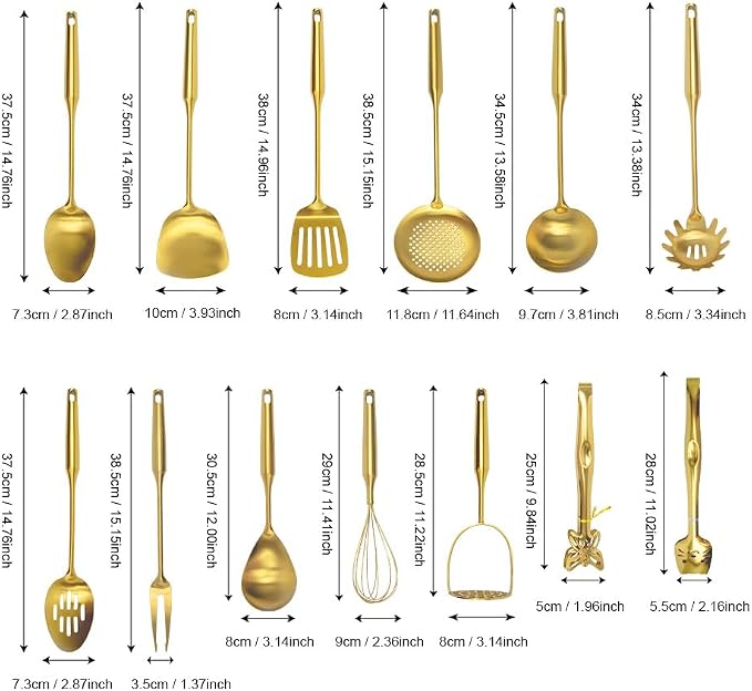 VALESKA 304 Stainless Steel Kitchen Utensils Set(Gold-13PCS),Include slotted spoon stainless steel, metal cooking slotted spoon, metal pasta spoon and etc,Easy to Clean - Image 2