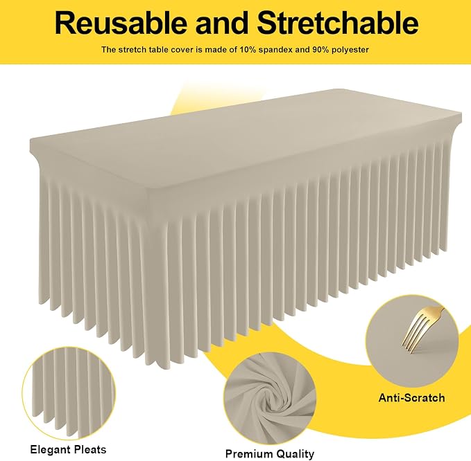 Smiry Spandex Tablecloth 6 Pack, Elastic Fitted Stretch Tablecloth for 6FT Rectangle Tables, Waterproof Washable Table Cover Skirt for Wedding, Banquet & Parties (Taupe, 72Lx30Wx30H Inch) - Image 2