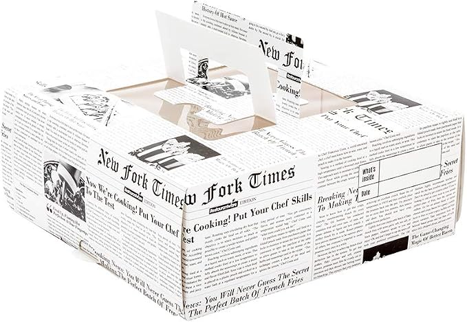 Restaurantware Cater Tek Square Newsprint Paper Cake / Lunch Box - with Pop-Up Handle Window - 9" x 9" x 3 1/2" - 50 count box - Image 2