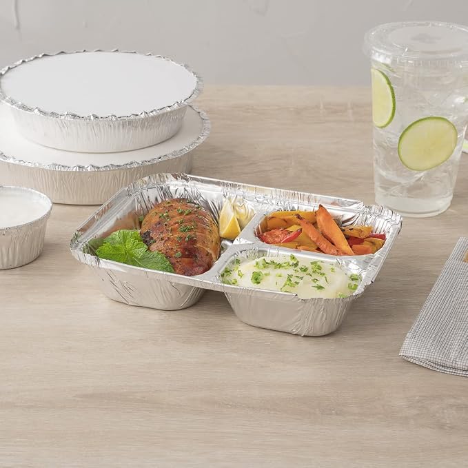 Restaurantware Foil Lux 23 Ounce Aluminum Food Containers 100 Rectangle Aluminum Pans - Lids Sold Separately 3 Compartments Silver Aluminum Foil Containers For Storing Baking And Meal Prep - Image 7