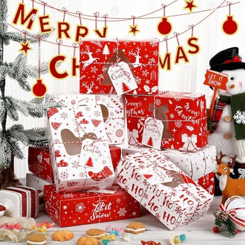 Zhanmai 64 Pcs Christmas Treat Boxes with Window Holiday Kraft Bakery Christmas Cookie Gift Boxes Xmas Pastry Food Containers with Ribbons DIY Tags for Party Favor Gift Giving(Cute) - Image 5