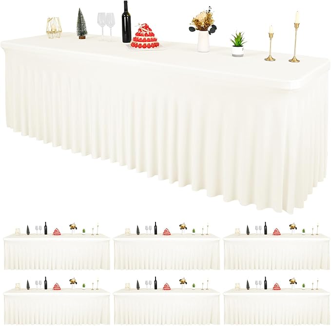 6 Packs Ivory Spandex Table Clothes for 8 Ft Tables by REWOMC