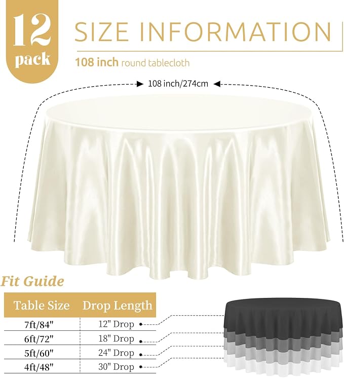 12 Pack 108 Inch Round Satin Tablecloth, Ivory - Image 2
