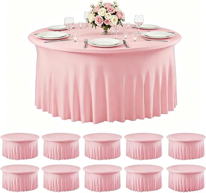10 Pack Pink Spandex Round Tablecloths for 60inch Tables, 120 Inch Stretchy 5ft Round Fitted Tablecloth Wrinkle Free Washable Table Cloths Table Covers with Skirt for Wedding Party Birthday Banquet by Zrlljp