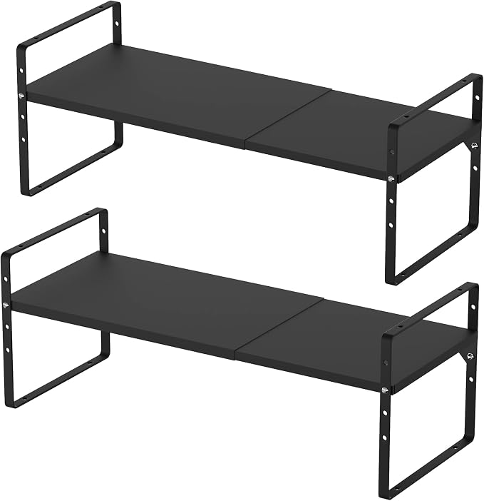 iPEGTOP Expandable Cabinet Storage Shelf Organizer Rack, Heavy Duty Steel Metal Spice Rack Adjustable Height Home Office Garage Pantry Shelves for Counter Kitchen Organization, Black, 2 Pack - Image 9