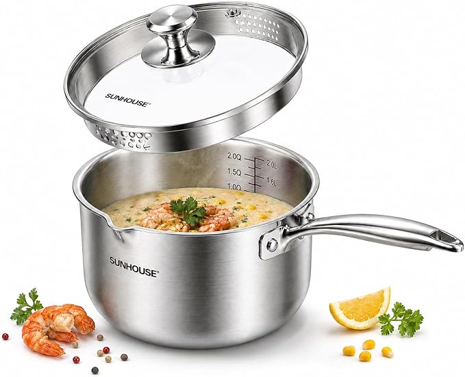 SUNHOUSE 3QT Stainless Steel Saucepan with Pour Spout & Strainer Glass Lid by SUNHOUSE