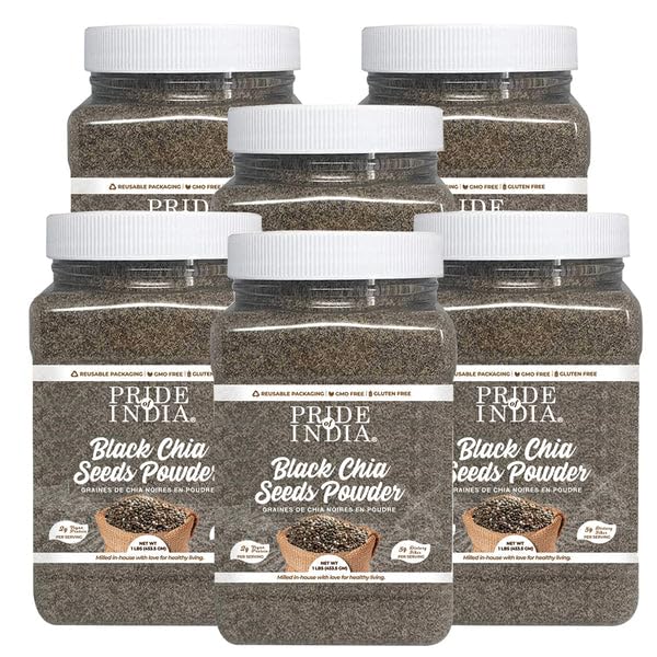 Pride Of India - Pack of 6 - Premium Black Chia Seeds Powder 1 lbs (454 gm) Mild Nutty Earthy Taste Freshly Milled in Small Batches | Used for Baking Coating Thickening