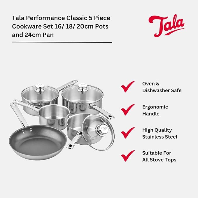 Tala Performance 5 Pc Stainless Steel Cookware Set containing Saucepans Glass lids, 16, 18 and 20cm. 14cm Milk pan, 24cm Non-Stick Fry Pan, 5 Pc Set, Polished Mirror Shine Finish - Image 2