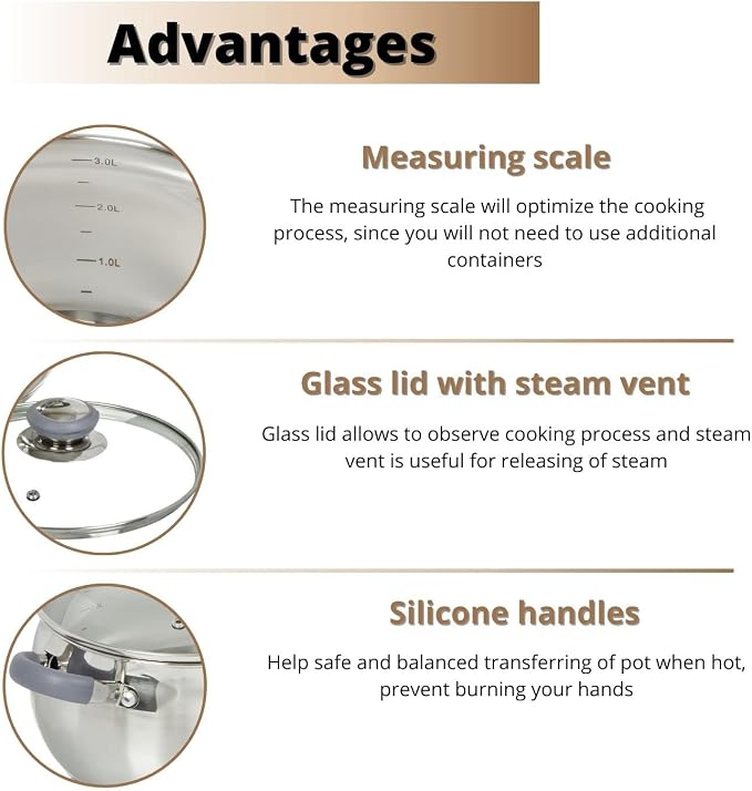 Daniks Modern 2 Quart Stainless Steel Stock Pot with Glass Lid, Tri-Ply Bottom for Even Heating, Induction Compatible, Dishwasher Safe, Heatproof Handles - Image 4