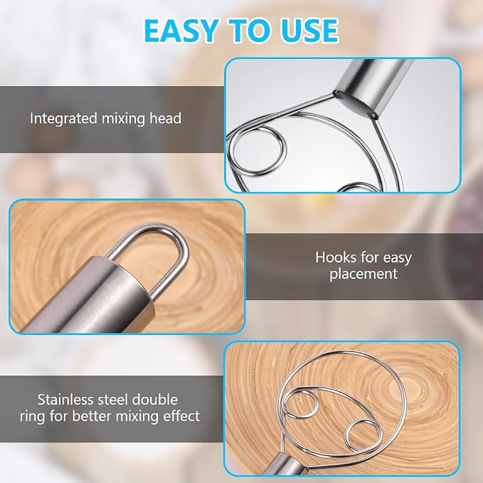 HOTUT 12 Inch Thinp Danish Dough Whisk, Double Eyes Stainless Steel Danish Dough Whisk, Handheld Stainless Steel Double Circle Flour Dough Whisk, Dough Whisk for Whisking, Baking, Beating, Frothing - Image 4