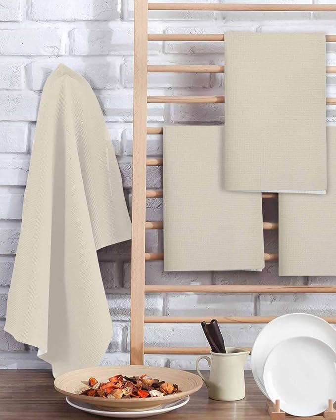Ivory White Dish Towels Set,Waffle Weave Kitchen Towels Microfiber Towels Cleaning, Solid Color Pure Contemporary Minimalist Aesthetics Decor Absorbent Dish Drying Towels Hand Towels 2-Pc 15.7x23.6In - Image 2