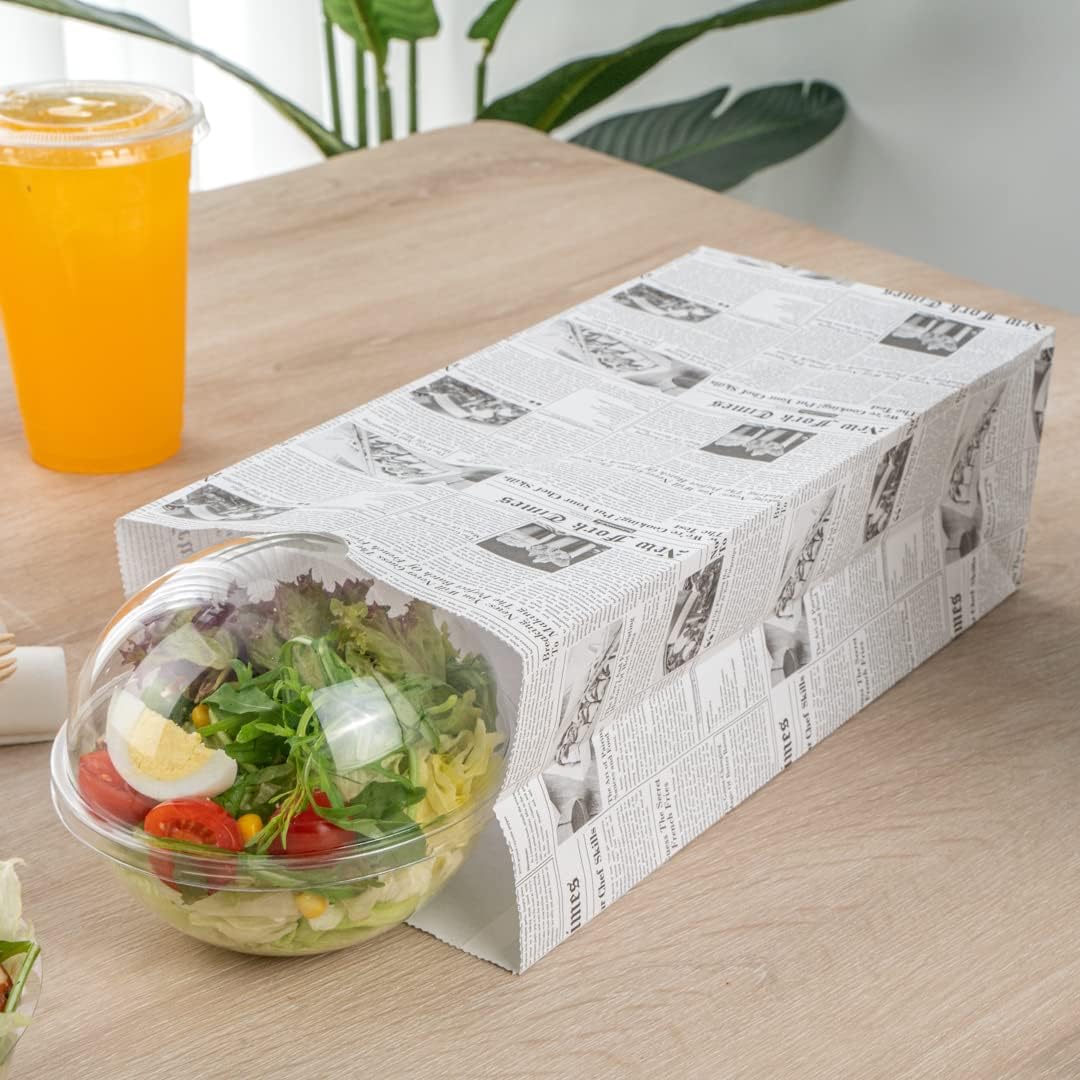 Bag Tek 8 Lb Disposable Lunch Bags, 100 Sturdy Take Out Bags - Flat Bottom, Microwavable, Newsprint Design Paper Bags, Freezable, Great For Restaurants, Cafes, And Bakeries - Restaurantware