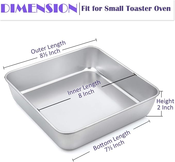 8 x 8-Inch Baking Pan, E-far Square Cake Brownie Baking Pans Stainless Steel Bakeware Set of 3, Fits in Small Toaster Oven, Non-toxic & Dishwasher Safe - Image 2