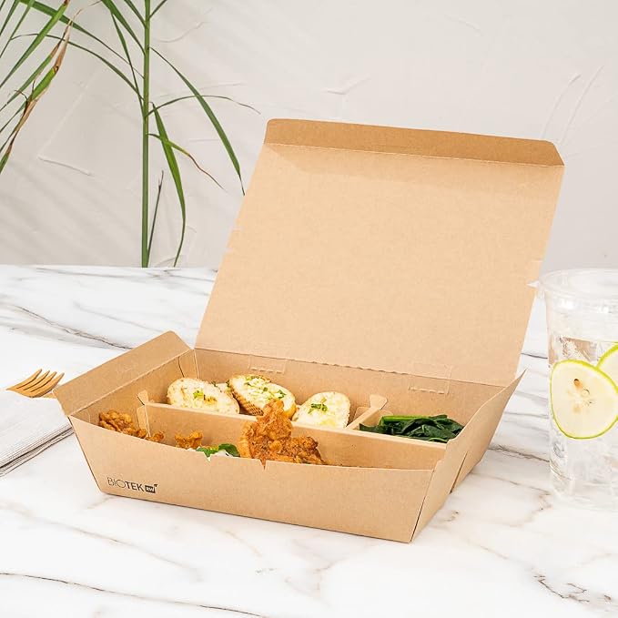 Restaurantware-Bio Tek 50.7 Ounce To Go Boxes, 100 Disposable Bento Boxes - 3 Compartments, Tab Lock Closure, Kraft Paper Take Out Box, Serve Hot and Cold Foods, For Restaurants or Parties - Image 8