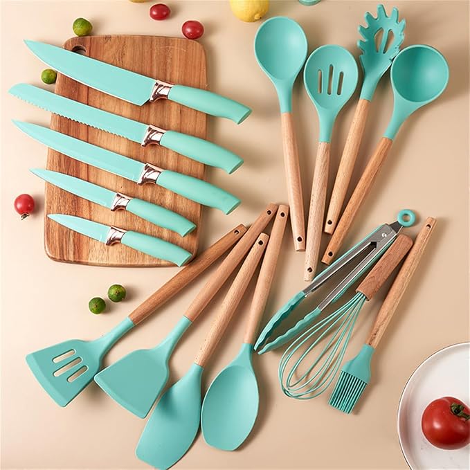 Kitchen Utensil and Knife Set with Storage, 19 in 1 Set with 11 Piece Silicone Cooking Utensils, 5 Pcs Sharp Stainless Steel Chef Knives Scissors Whisk Tongs and Cutting Board Teal - Image 4