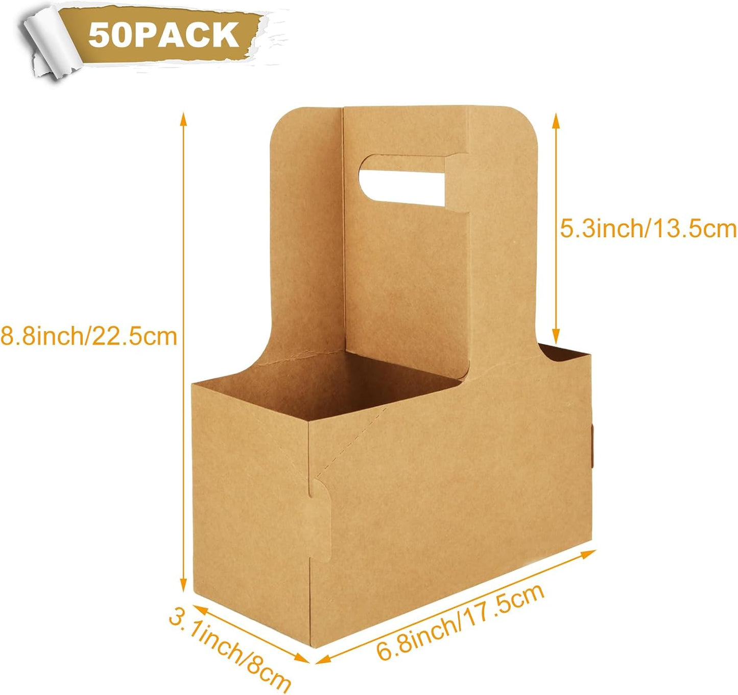 CertBuy 50 Pack 2 Cup Drink Carrier With Handle Kraft Paperboard Cup Holder Disposable Cup For Drinks, Takeout, Cafe And Restaurant Food Service Delivery