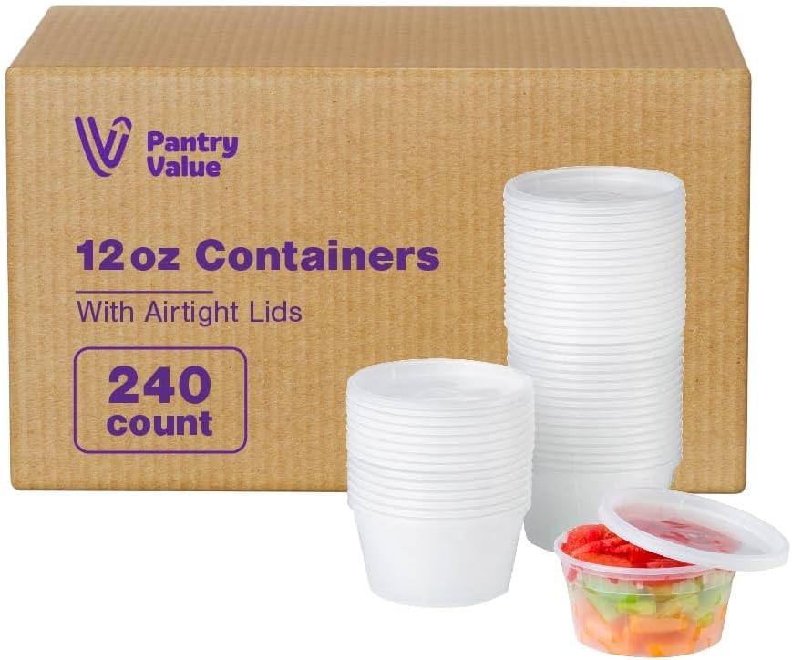 Pantry Value [Case of 240 12 oz. Plastic Food Storage Deli Containers with Lids - Perfect for Storing Soups, Sauces, and Snacks by PantryValue