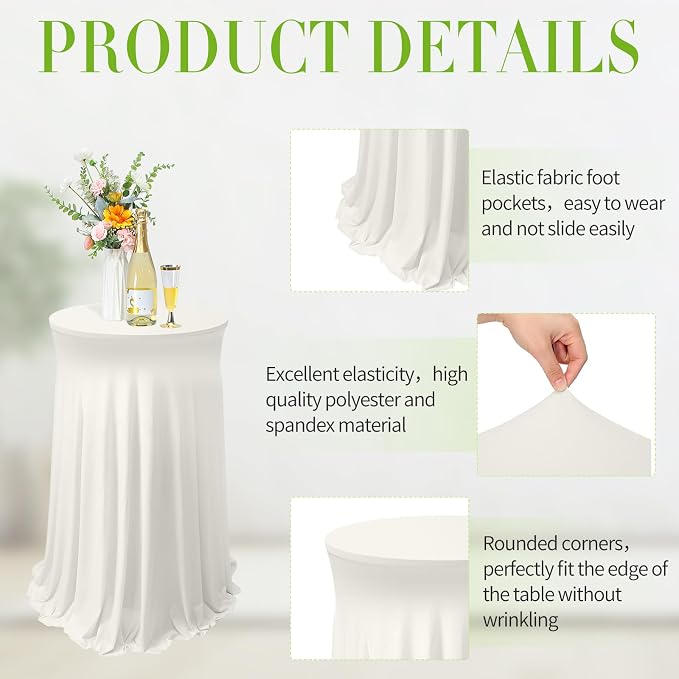 Tegeme 4 Packs 32 x 43 Inch Round Spandex Cocktail Tablecloths with Skirt Cocktail Round Table Cover Spandex Stretch Square Tablecloth Skirt for Table Bar Wedding Party Banquet(Ivory) - Image 3