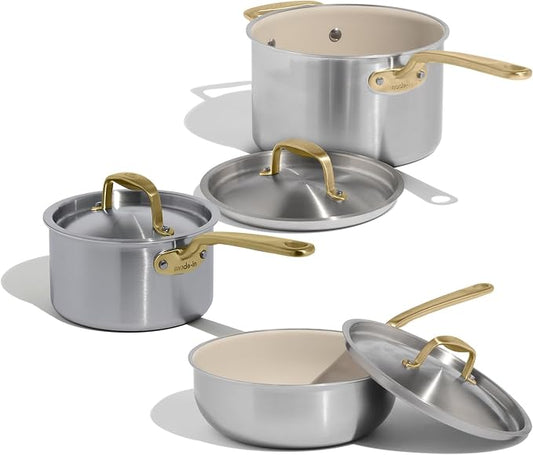 Made In Cookware - 6 Piece Stainless Steel Saucepan Set with Lid (Antique Brass Handle) - 5 Ply Clad - Includes Non Stick Saucepans and Saucier - Professional Cookware - Crafted in Italy by MadeIn