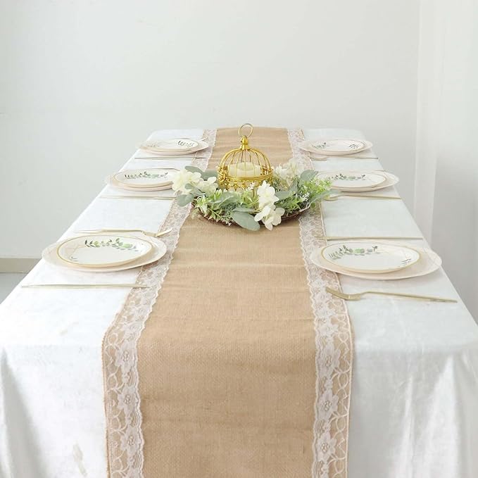 Efavormart 14"X104" Natural Jute Burlap Table Runner with White Lace Trim Edges, Boho Chic Rustic Decor by efavormart