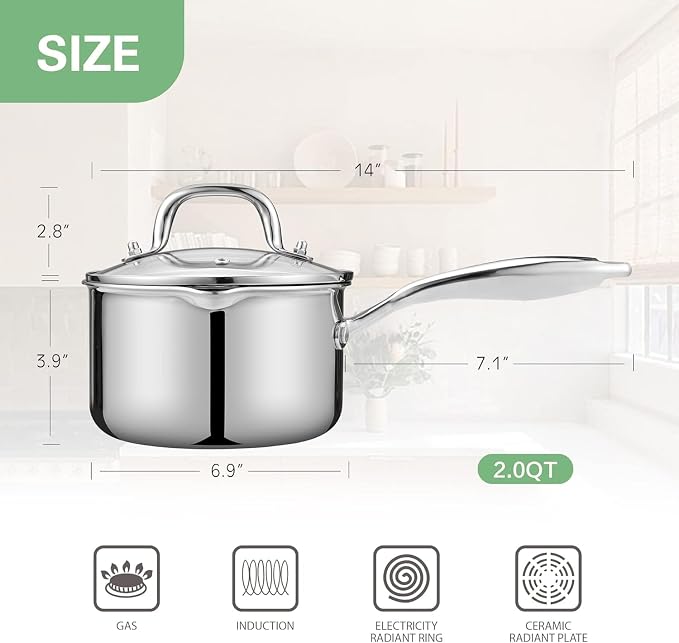 1.0 Quart Stainless Steel Pot Saucepan with Glass Strainer Lid, Sauce Pot with Two Side Spouts, Induction Cooking Pot, Multipurpose Sauce Pan with Lid for Cooking - Image 3
