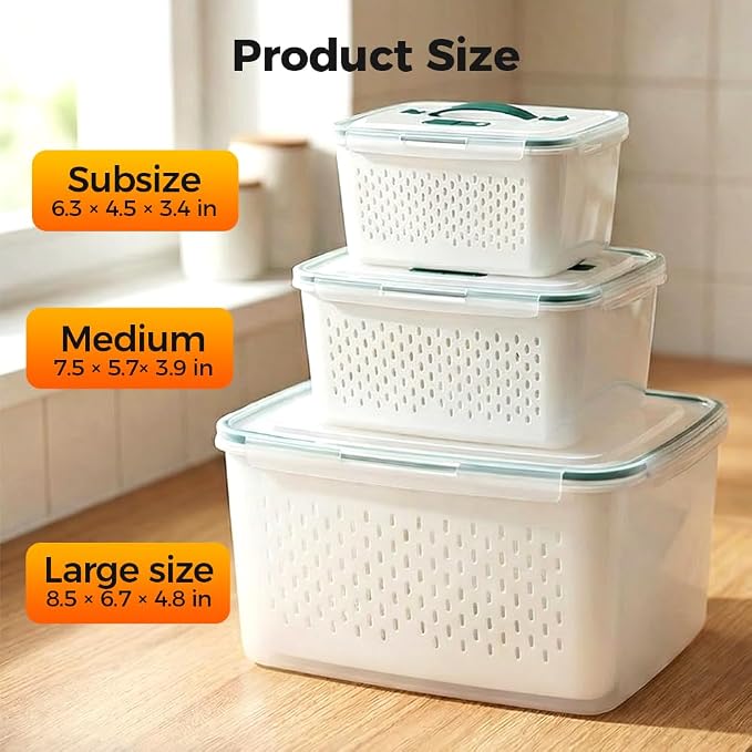 Fruit Storage Containers with Removable Colander (Green 6PCS, Small) | Leakproof Produce Containers for Fridge, Produce Storage Containers, Fridge Organizers and Storage for Fruit, Vegetables - Image 6